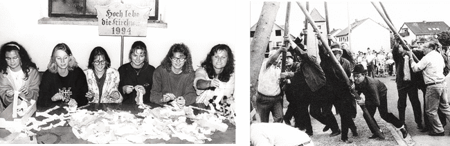 1994: Die Plüabaama werden geschückt und nach dem Festumzug am Samstag aufgerichtet